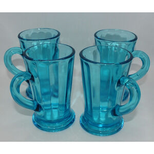 Set of 4 Vintage Heavy Blue Turquoise Aqua Glass 4-1/2” Paneled Mug
